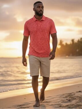 🌺 Crémeux Performance Polo Shirt Men’s XL Coral Red Floral Tonal Pattern